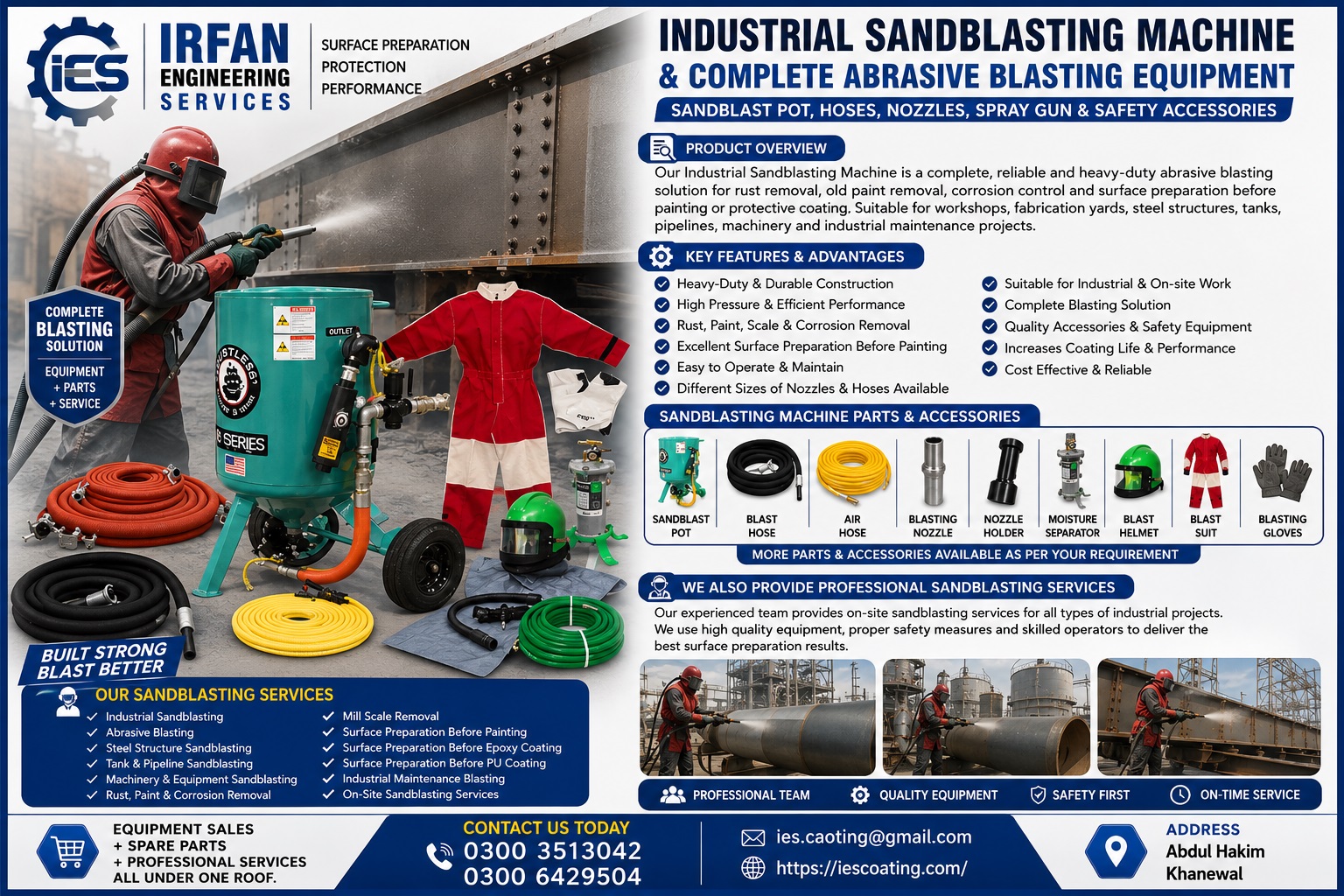 Industrial Sandblasting Machine & Complete Abrasive Blasting Equipment – Sandblast Pot, Hoses, Nozzles, Spray Gun & Safety Accessories